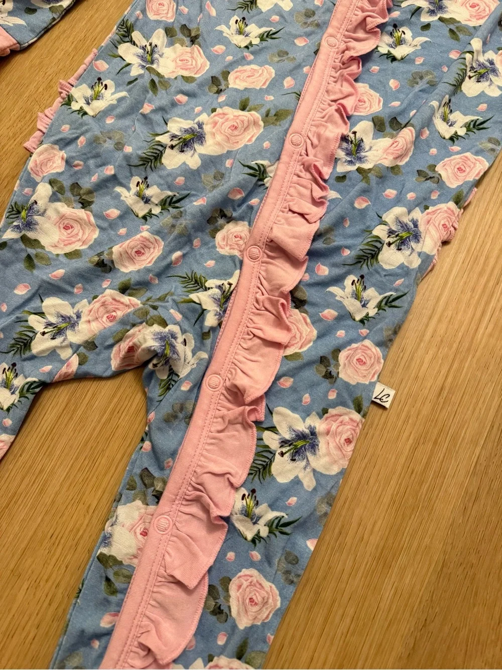 Blue Floral Ruffle-Trim Bamboo One-Piece Pajamas